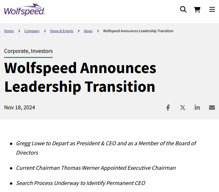 Wolfspeed 罢免CEO Gregg Lowe，应对需求放缓(图1)